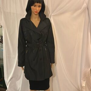 Liz Claiborne NY light weight belted double breasted mid length trench coat.